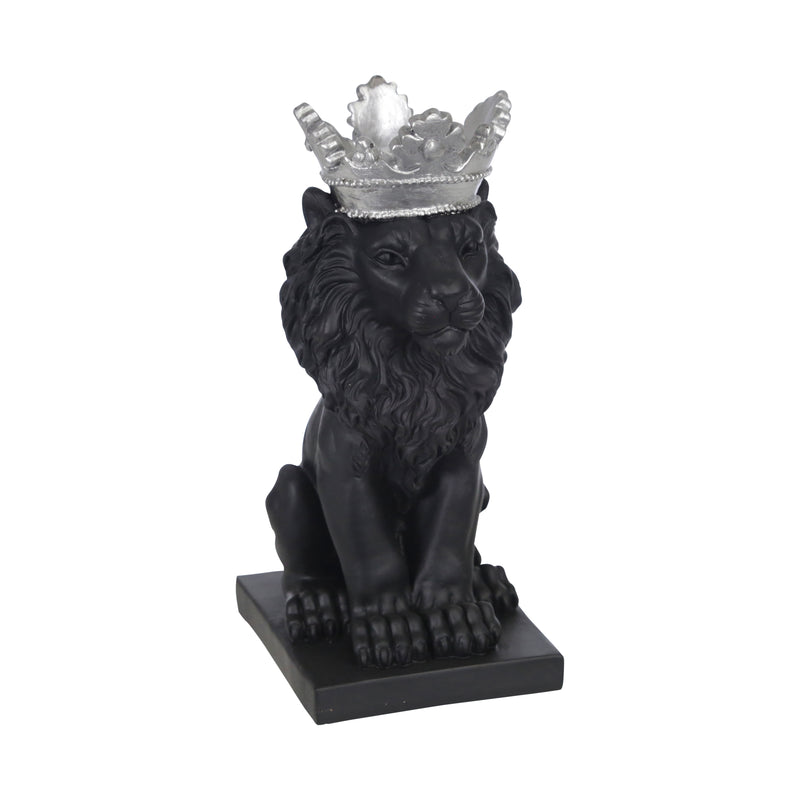 POLYRESIN 8 LION W/ CROWN FIGURINE, BLACK/SILVER