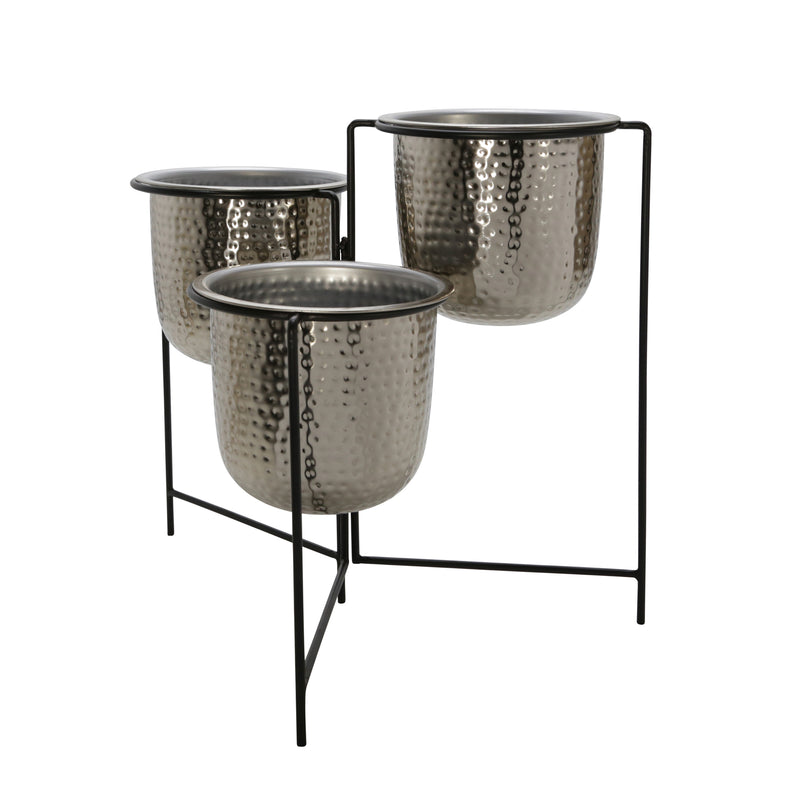 METAL 20" HAMMERED PLANTER TRIO W/ STAND, SILVER