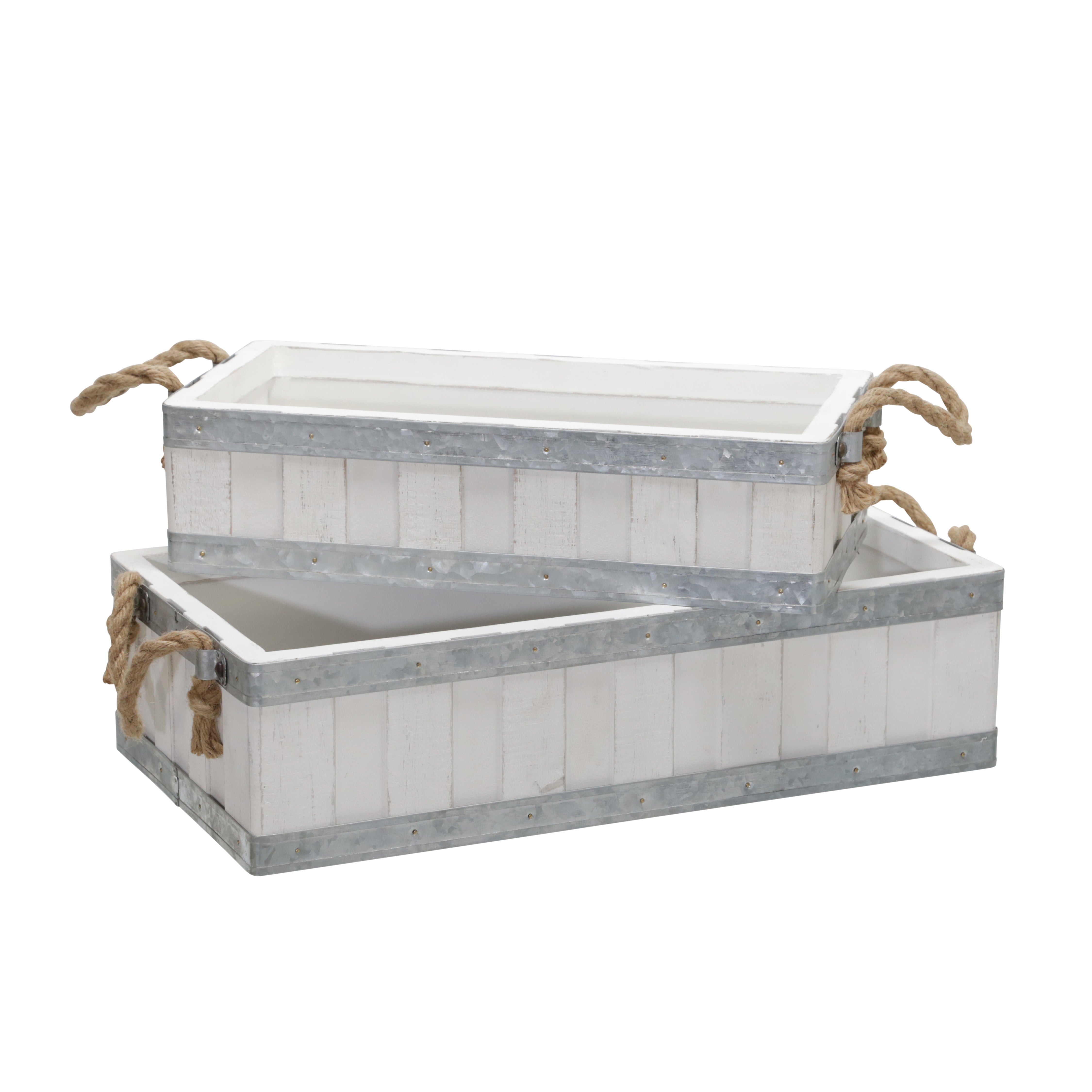 S/2 16/19" WOODEN TRAYS W/ ROPE HANDLES, WHITE