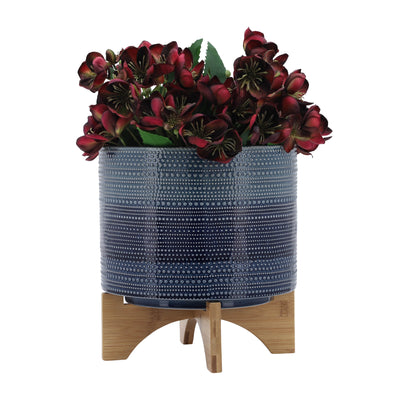 11" DOTTED PLANTER W/ WOOD STAND, BLUE