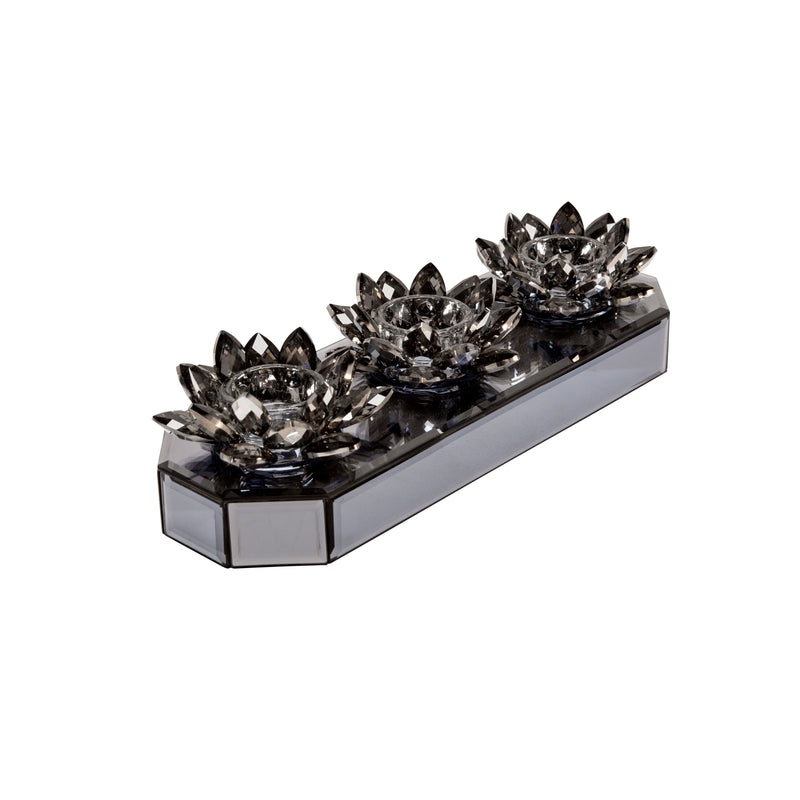 GLASS 13" 3 LOTUS MIRRORED CANDLE HOLDER, BLACK