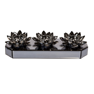 GLASS 13" 3 LOTUS MIRRORED CANDLE HOLDER, BLACK