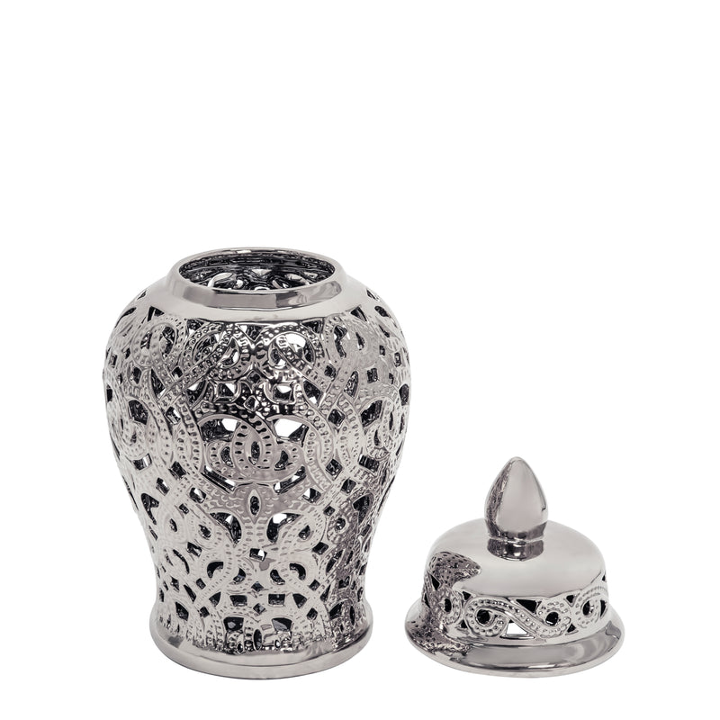 CERAMIC 18 CUT-OUT TEMPLE JAR, SHINY SILVER