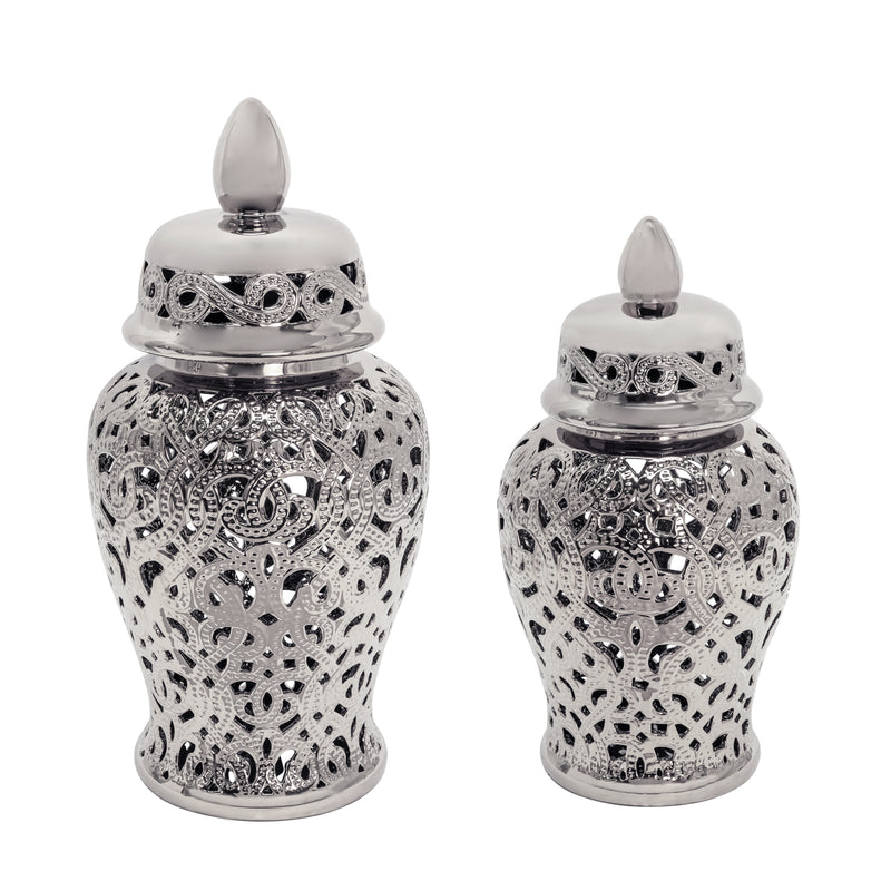 CERAMIC 18 CUT-OUT TEMPLE JAR, SHINY SILVER