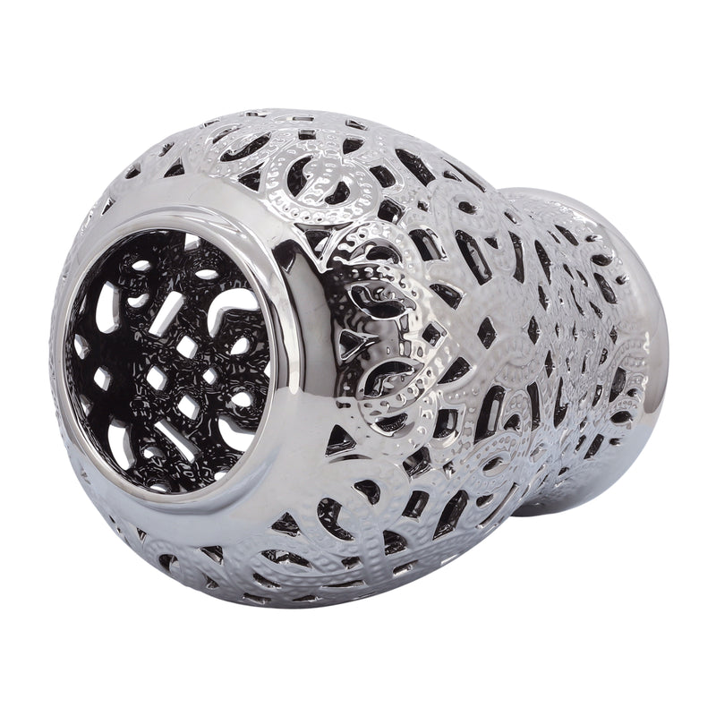 CERAMIC 18 CUT-OUT TEMPLE JAR, SHINY SILVER
