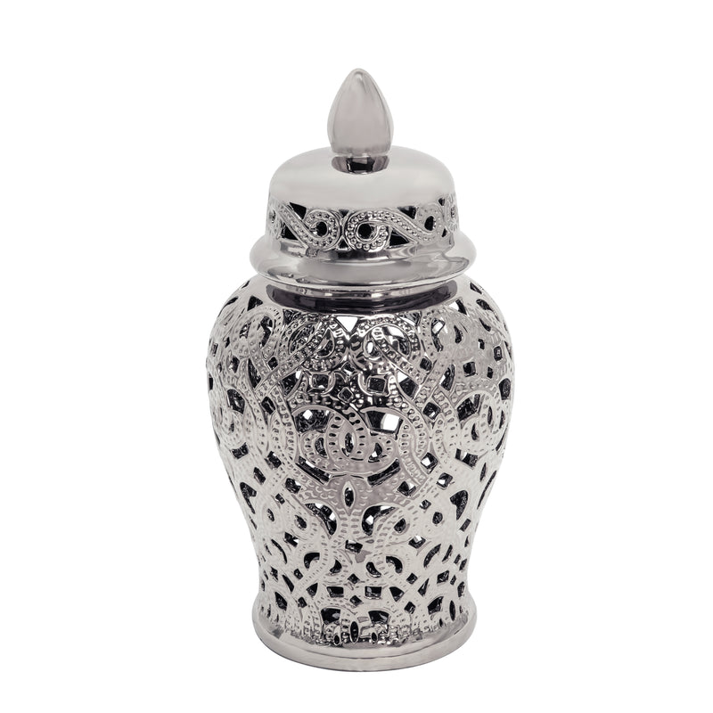 CERAMIC 18 CUT-OUT TEMPLE JAR, SHINY SILVER
