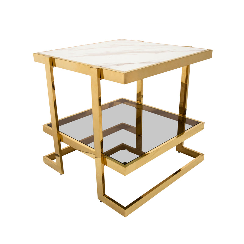 METAL/MARBLE GLASS SIDE TABLE, GOLD/WHITE