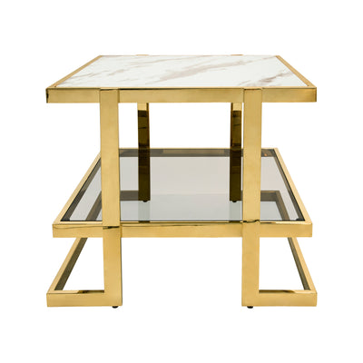 METAL/MARBLE GLASS SIDE TABLE, GOLD/WHITE