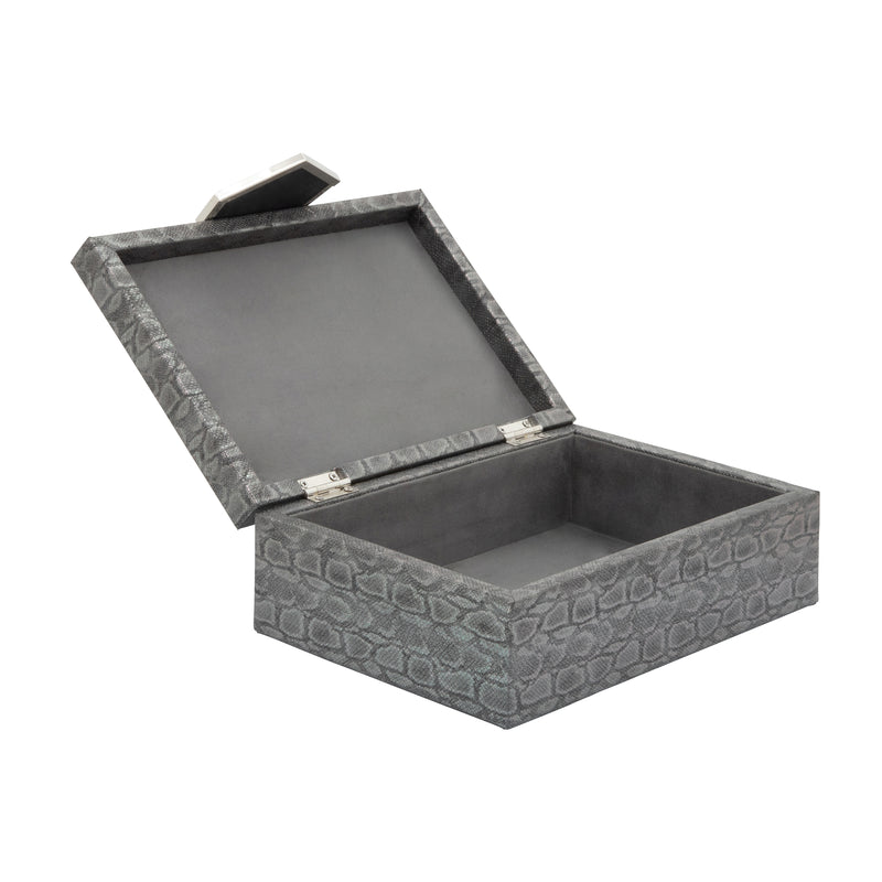 WOOD 12" FAUX LEATHER BOX, GRAY
