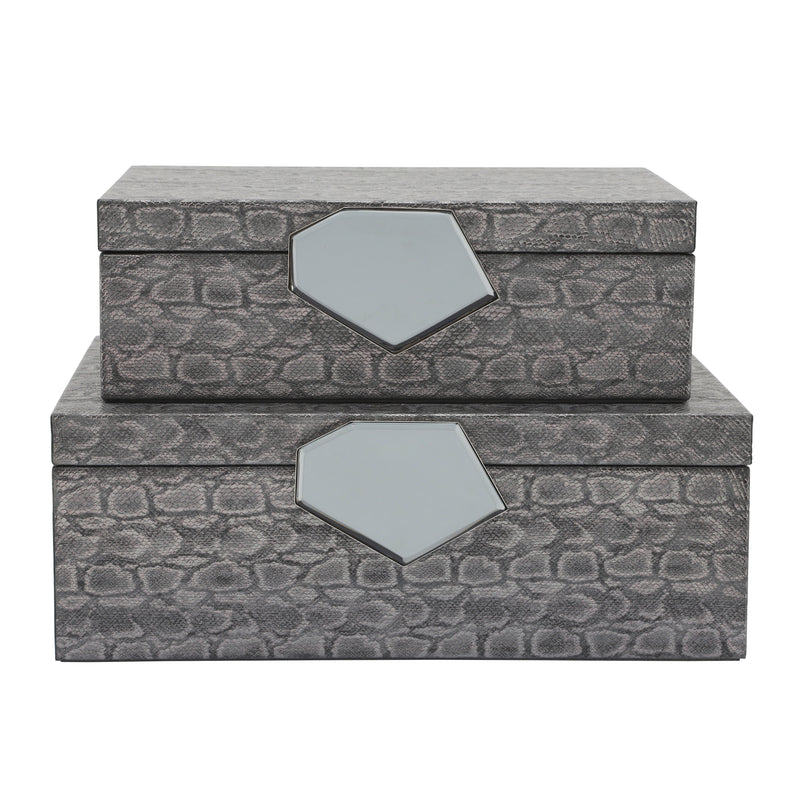 WOOD 12" FAUX LEATHER BOX, GRAY