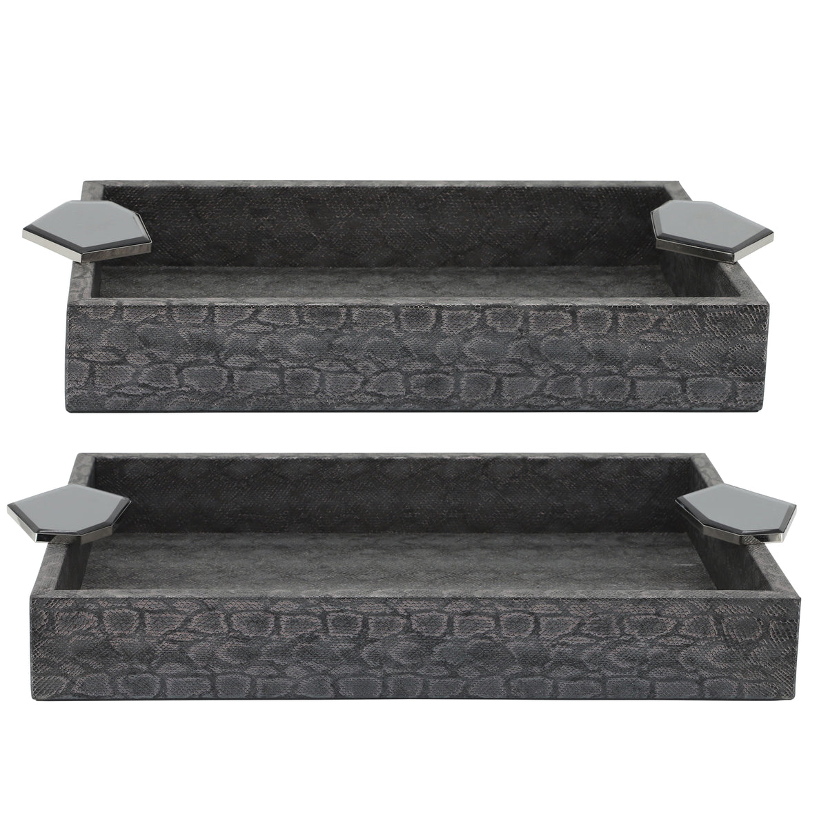 S/2 WOOD 14" FAUX LEATHER TRAYS, GRAY