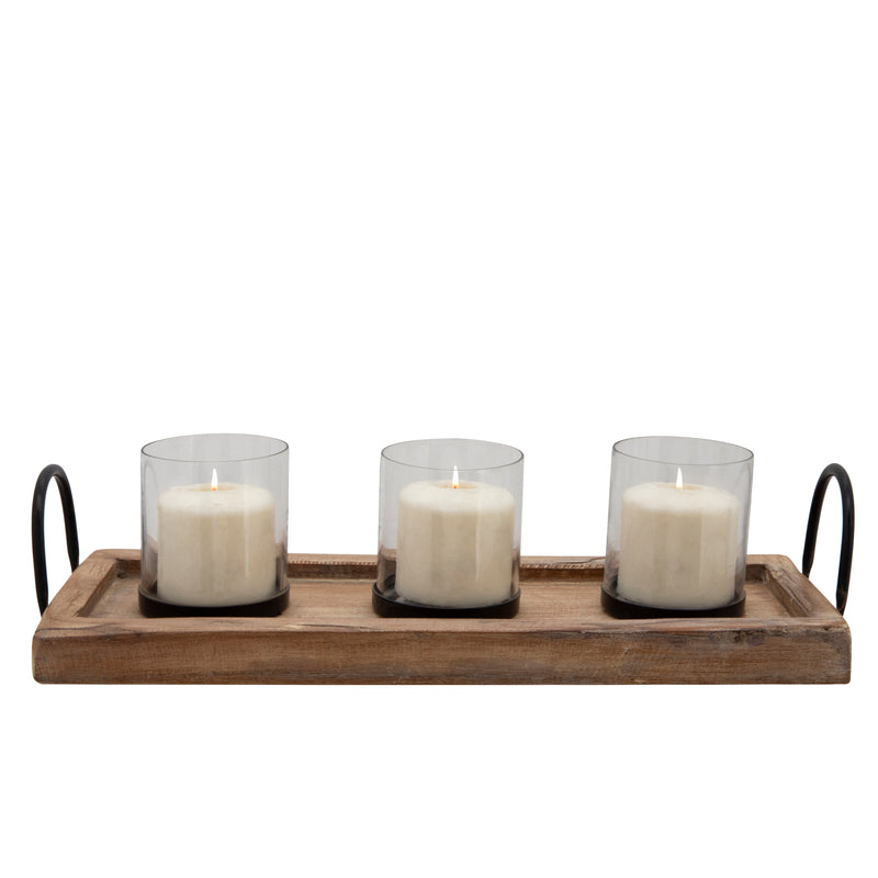 18" 3-CANDLE HOLDERS ON A TRAY, BROWN