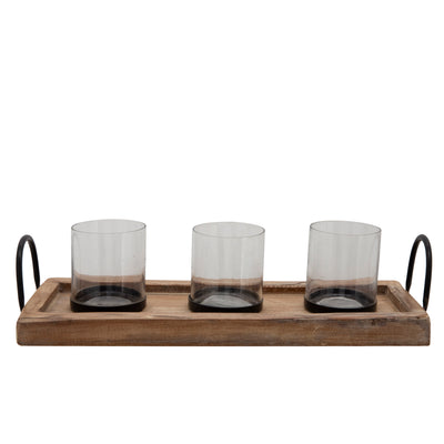 18" 3-CANDLE HOLDERS ON A TRAY, BROWN