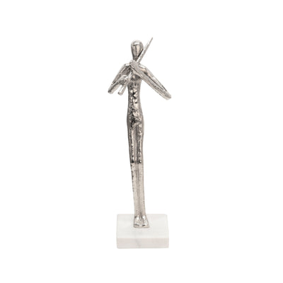 15 FLUTE MUSICIAN ON MARBLE BASE, SILVER