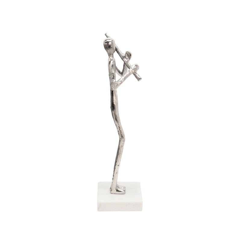 15 FLUTE MUSICIAN ON MARBLE BASE, SILVER