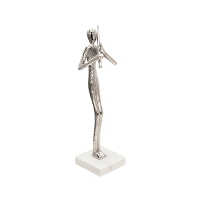 15 FLUTE MUSICIAN ON MARBLE BASE, SILVER