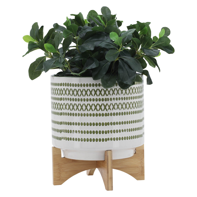 10" AZTEC PLANTER W/ WOOD STAND, OLIVE
