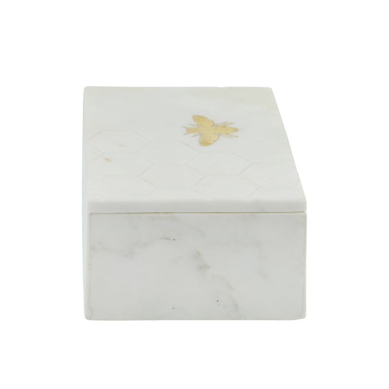 MARBLE 7X5 MARBLE BOX W/ BEE ACCENT WHITE