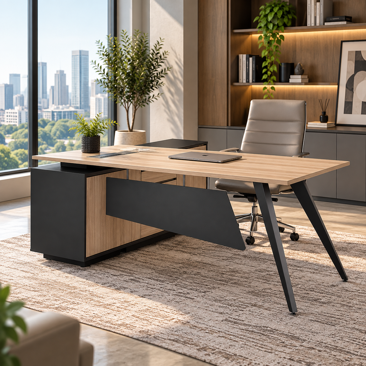 Light Oak and Black Office Desk with Storage Side Return - Medium