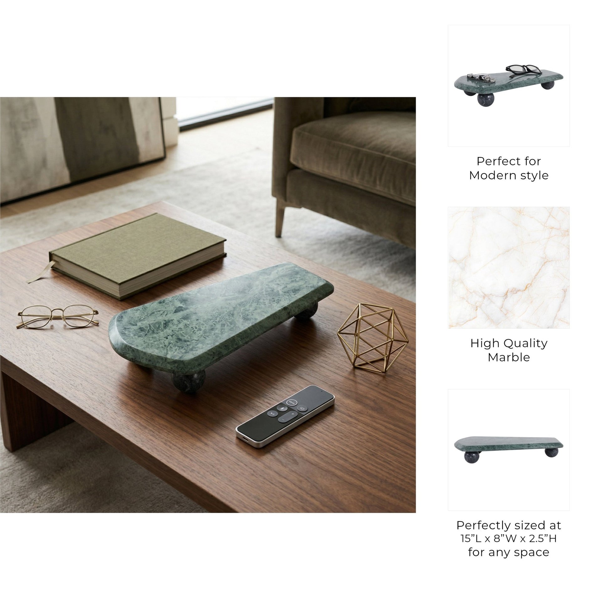 15x8" Modern Marble Tray On Ball Feet, Green/black Tray| Sagebrook Home