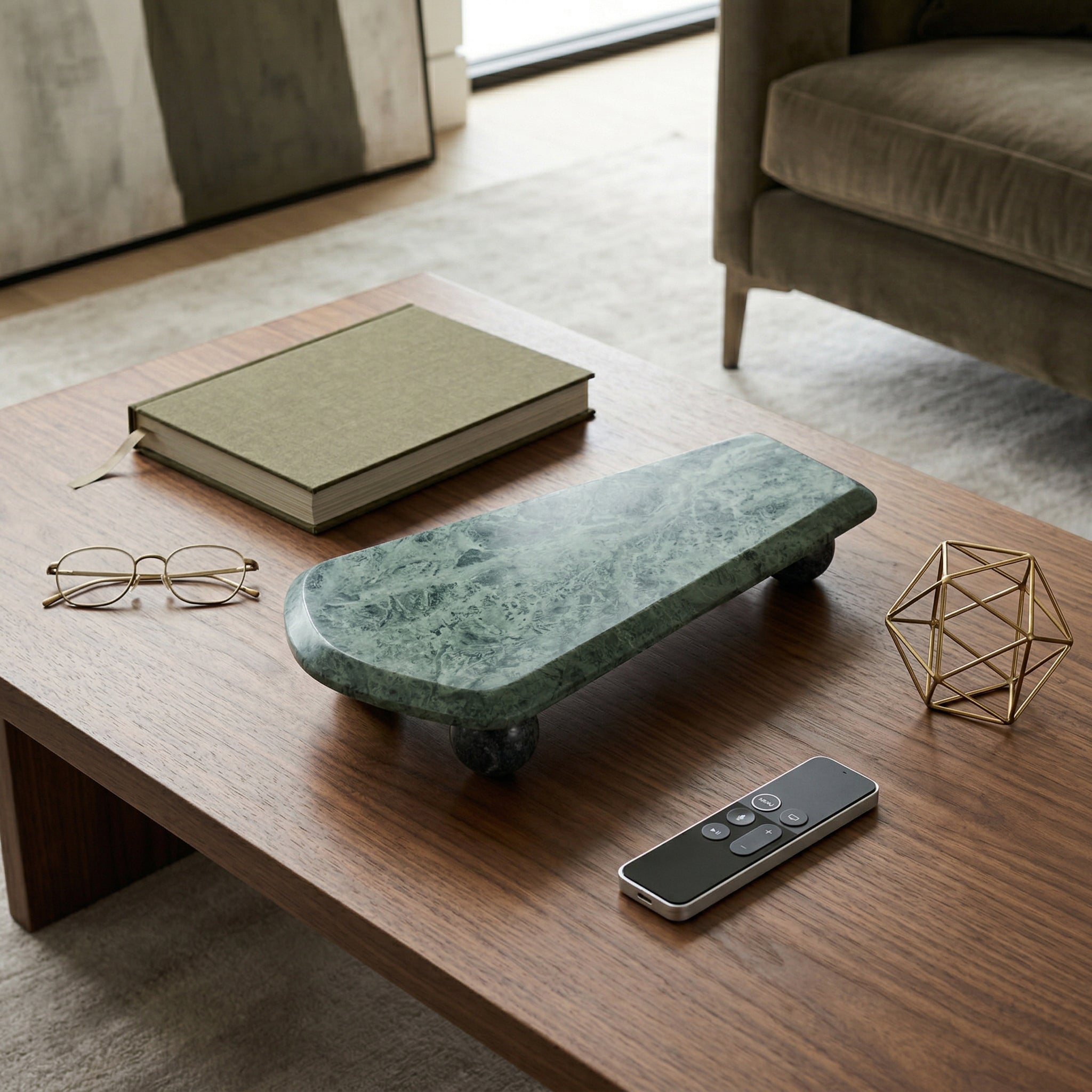 15x8" Modern Marble Tray On Ball Feet, Green/black Tray| Sagebrook Home