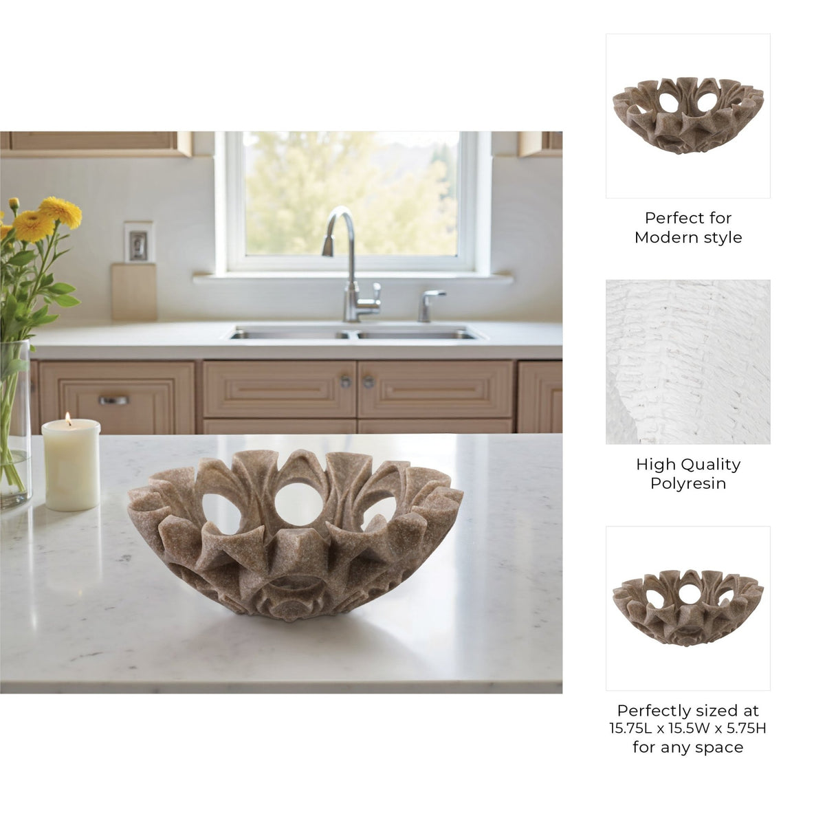 16" Flowood Brown Quartz Resin Bowl Table Decors| Sagebrook Home