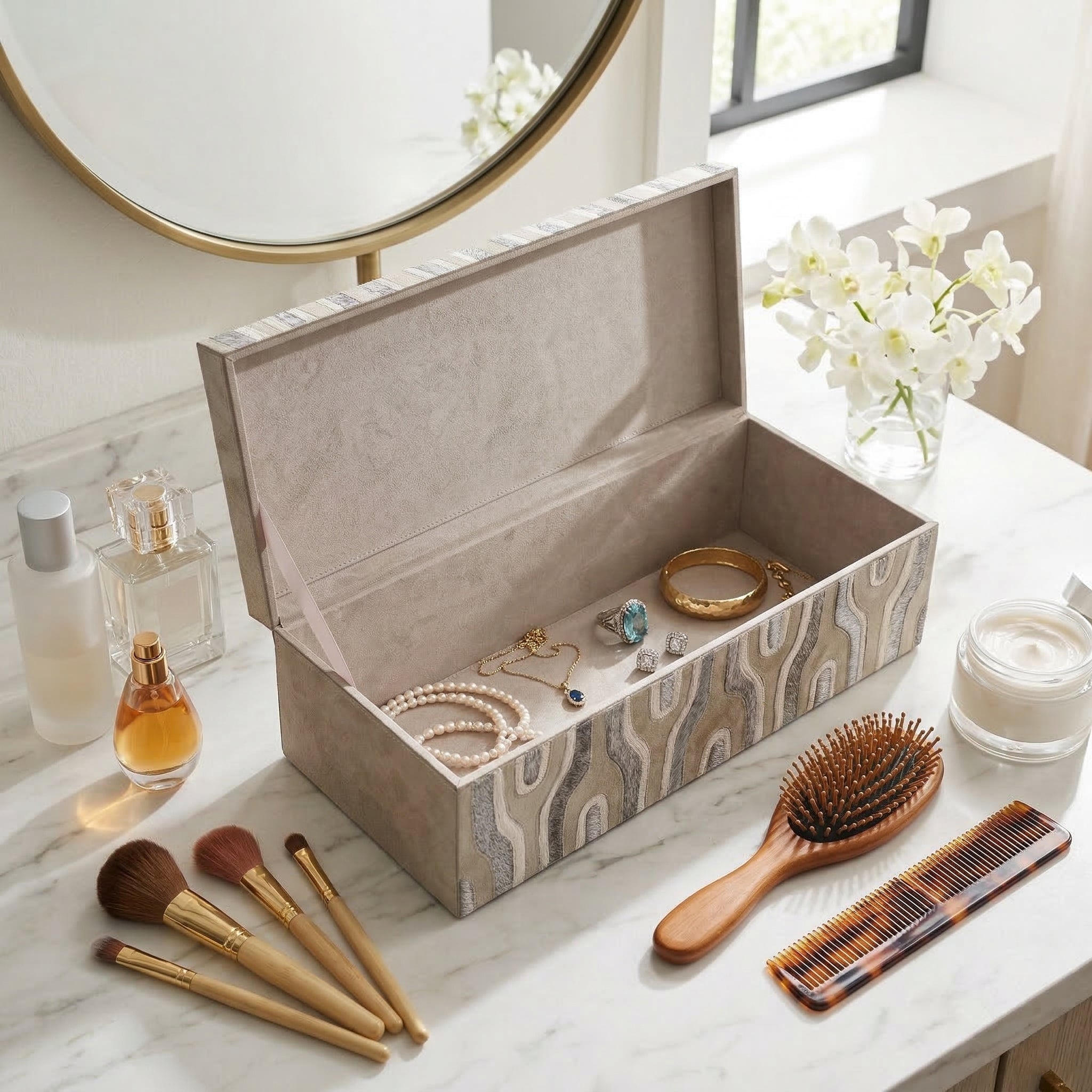 16" Glenmont Crm/grey Suede And Hide Leather Box Box| Sagebrook Home