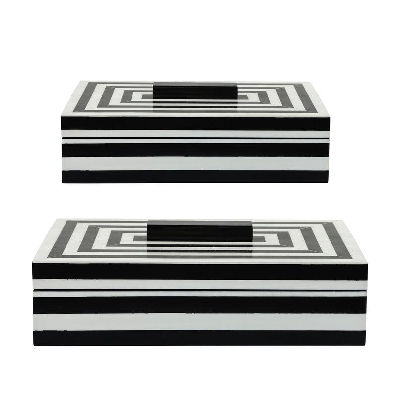 RESIN S/2 STRIPE BOXES, BLACK/WHITE
