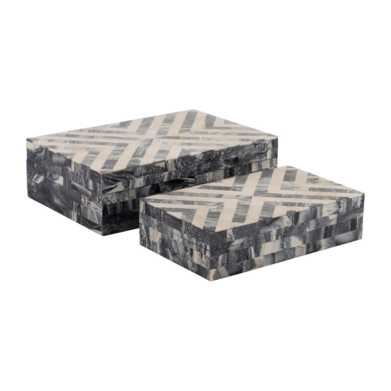 RESIN S/2 HERRINGBONE BOXES, BLACK/WHITE