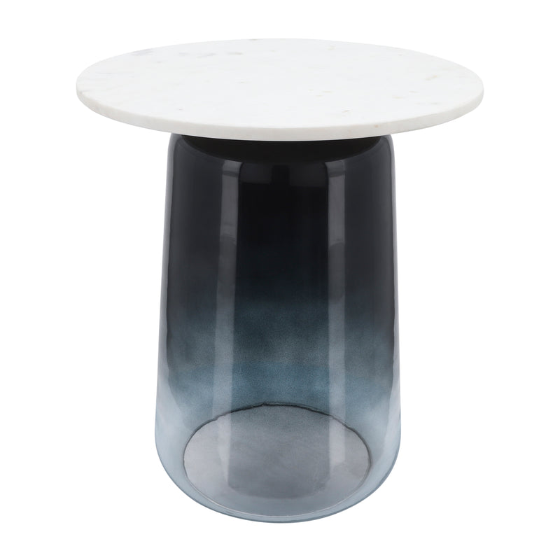 Marble Top, 22"H Side Table Gls Base, Wht/Blck