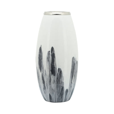 Glass, 18H Vase W/ Metal Ring, White