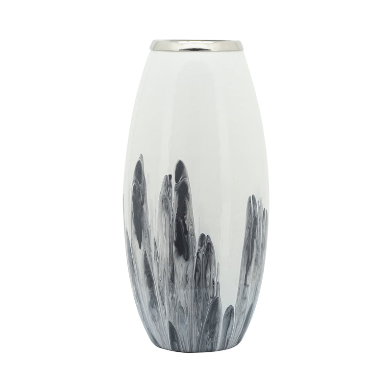 Glass, 18H Vase W/ Metal Ring, White