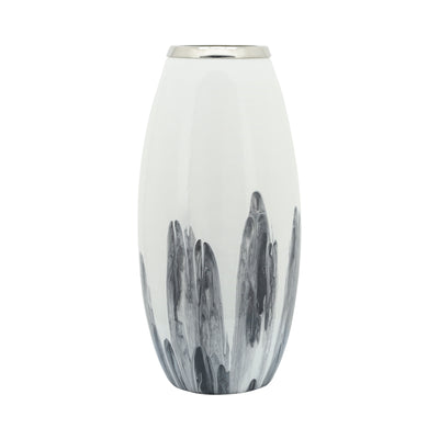 Glass, 18H Vase W/ Metal Ring, White