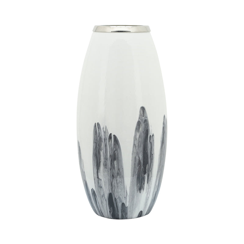 Glass, 18H Vase W/ Metal Ring, White