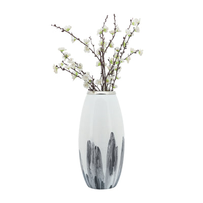 Glass, 18H Vase W/ Metal Ring, White