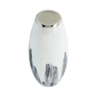 Glass, 18H Vase W/ Metal Ring, White