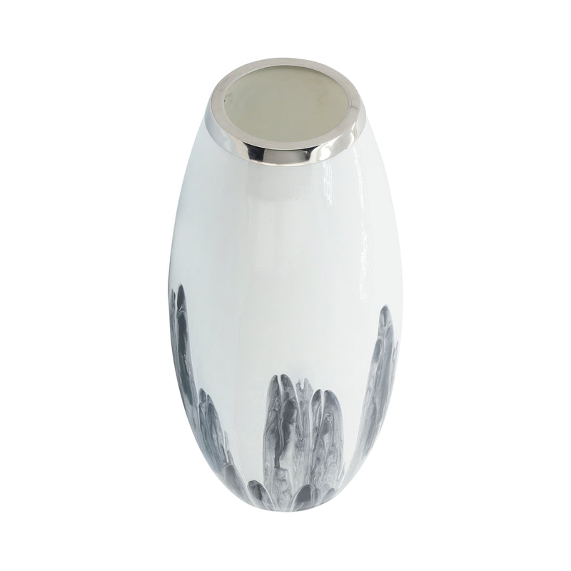 Glass, 18H Vase W/ Metal Ring, White