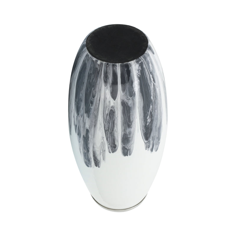 Glass, 18H Vase W/ Metal Ring, White