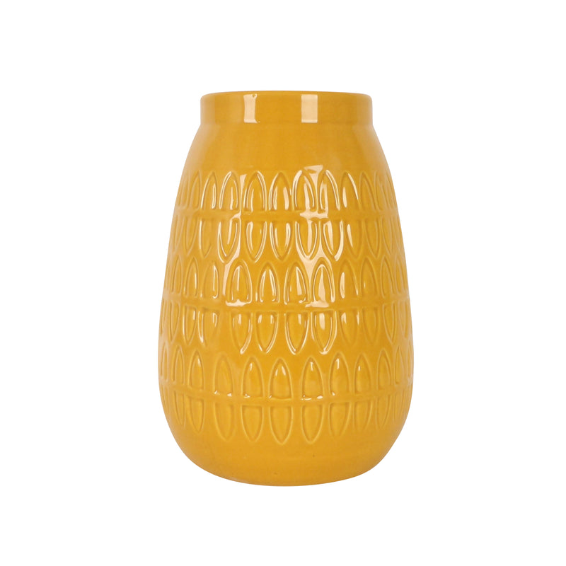 CER, 8H CARVED VASE, MUSTARD GOLD