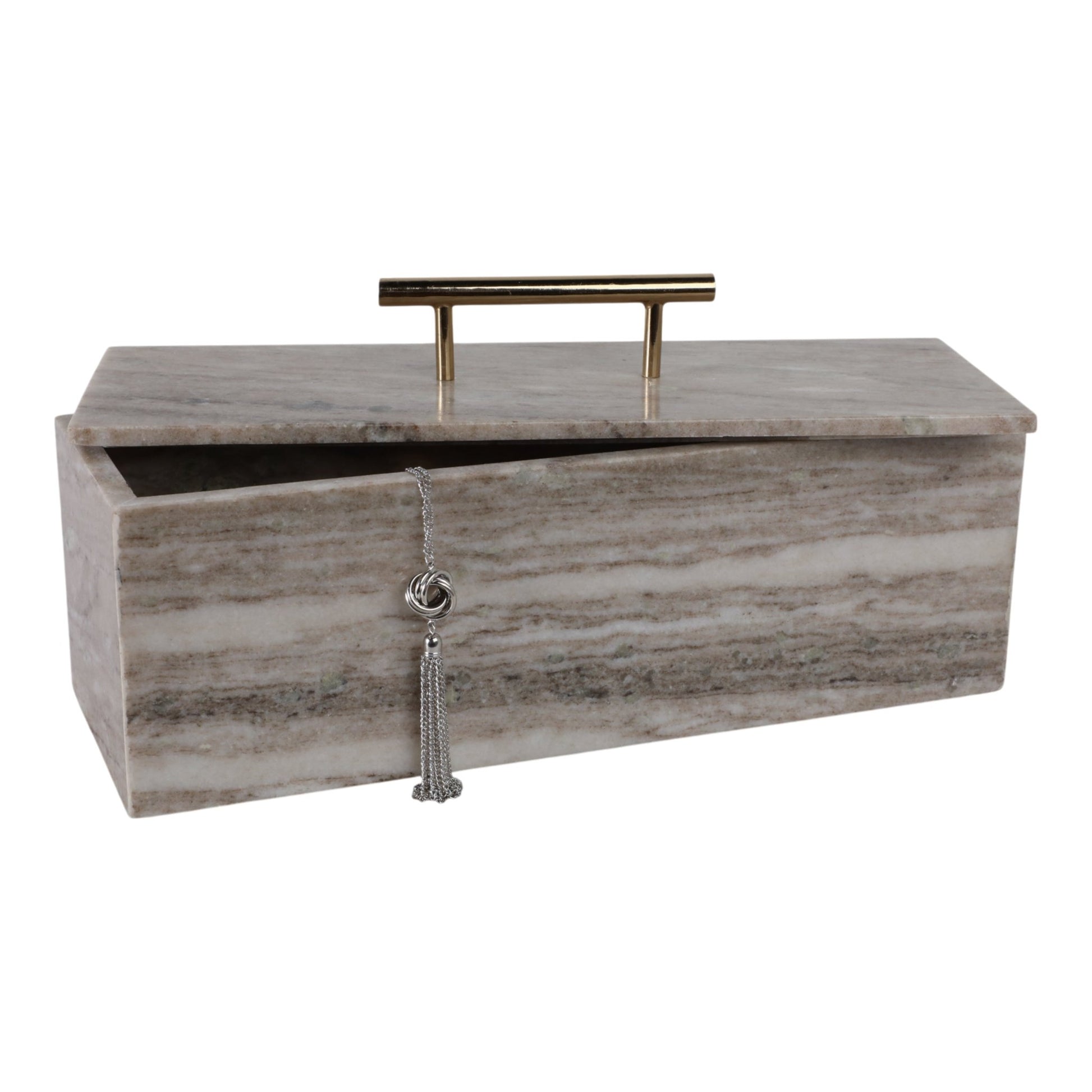 16x7" Marble Rectangular Box With Handle, Beige/go Table Decors| Sagebrook Home