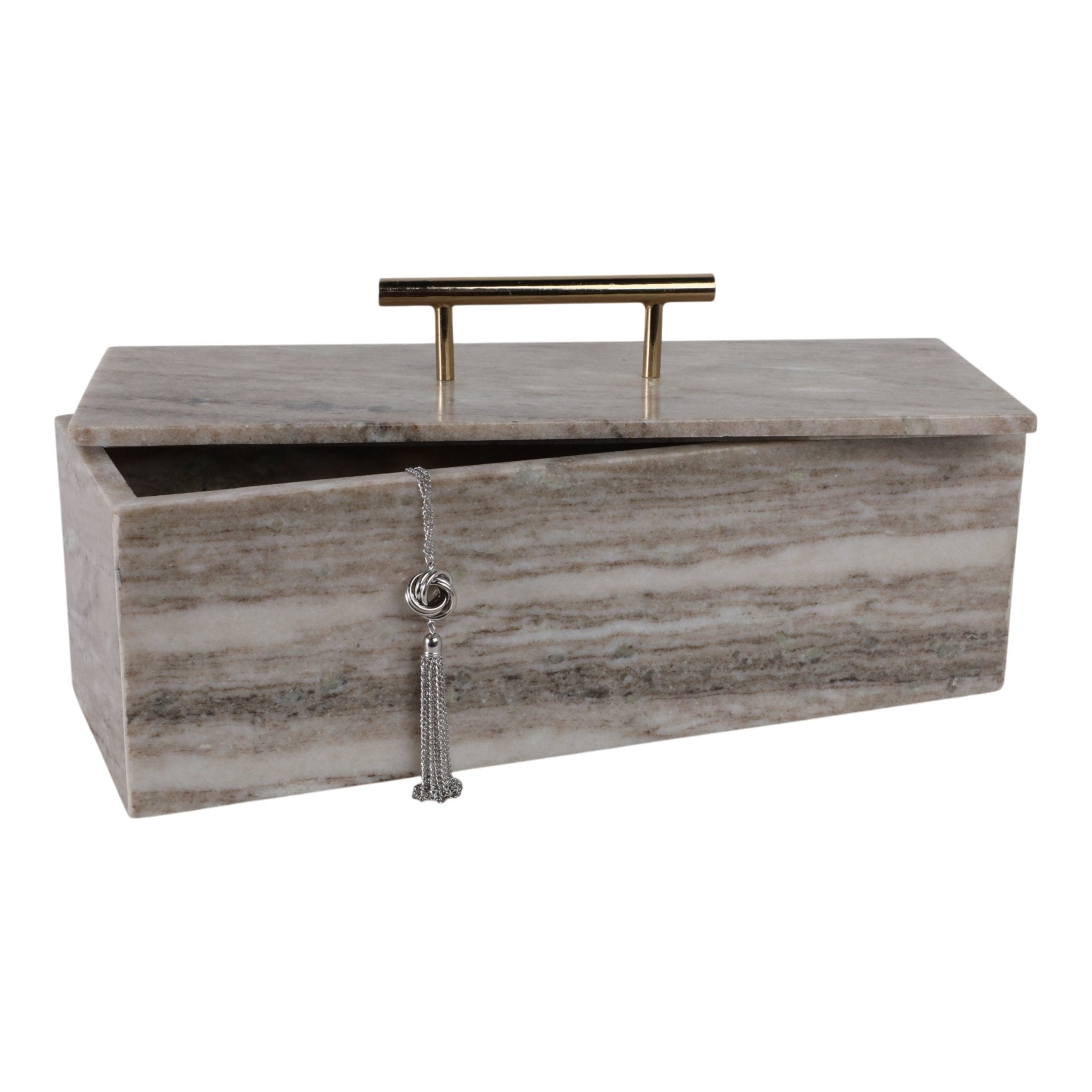 16x7" Marble Rectangular Box With Handle, Beige/go Table Decors| Sagebrook Home