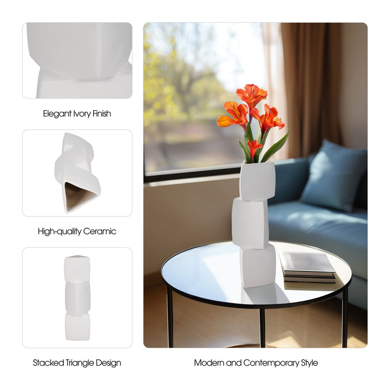 17" Stacked Triangle Rough Vase,ivory - Al Rugaib Furniture