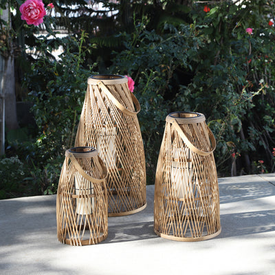 Bamboo, S/3 13/17/21" Woven Lantern, Brown