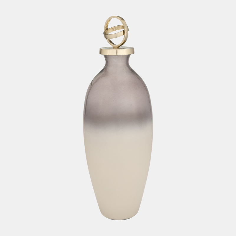 GLASS,22,BOTTLE W/SPHERE LID,WHITE/GOLD