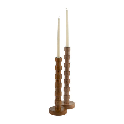 WOOD, 15"H TEXTURED TAPER CANDLE HOLDER, BROWN