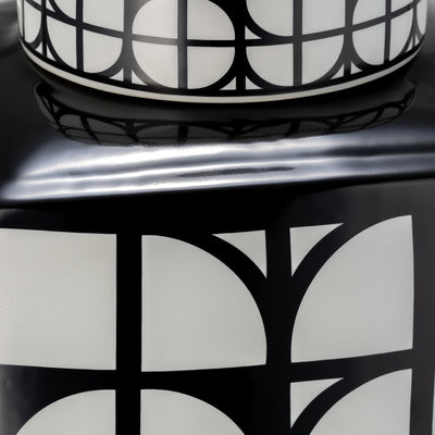CER, 18H SQUARE JAR W/ LID, BLACK/WHITE