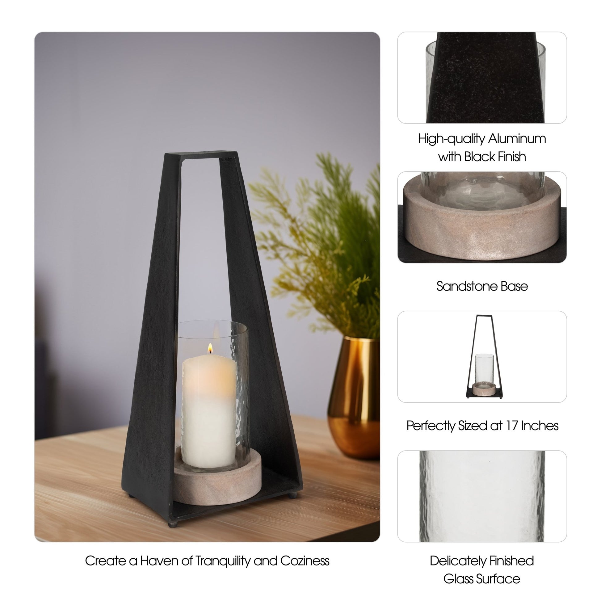 17"MAVERICK SMALL METAL & SANDSTONE HURRICANE, BLA Candle Holders| Sagebrook Home