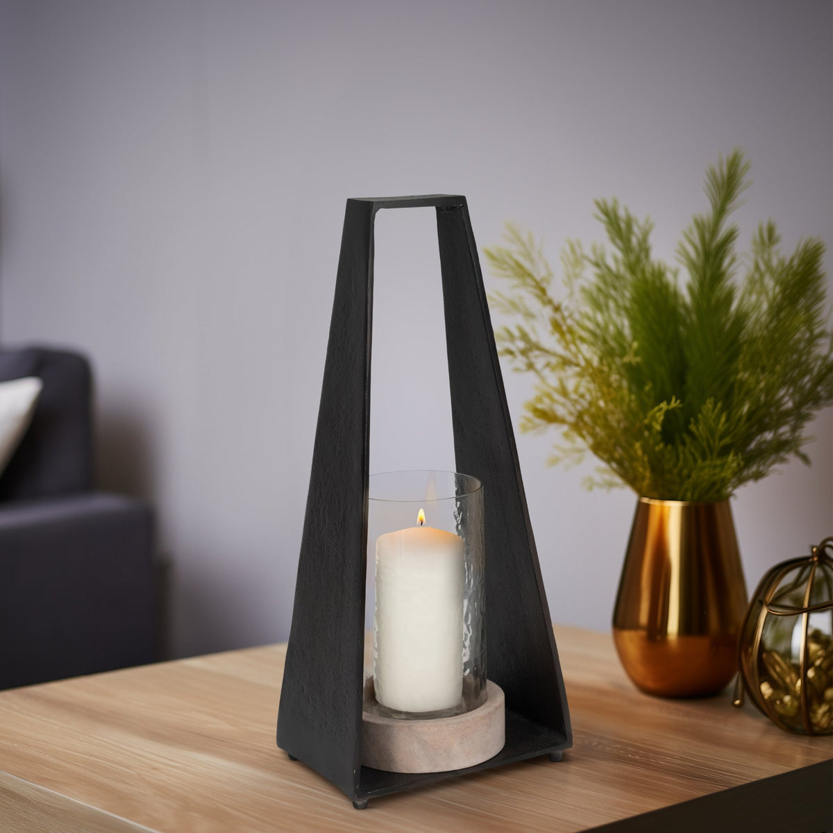 17"MAVERICK SMALL METAL & SANDSTONE HURRICANE, BLA Candle Holders| Sagebrook Home
