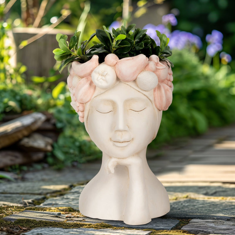 18" Lady With Flower Crown Planter, White/pink - Al Rugaib Furniture
