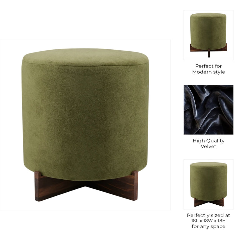 18" Modern Velvet Ottoman With Wood Base, Green - Al Rugaib Furniture